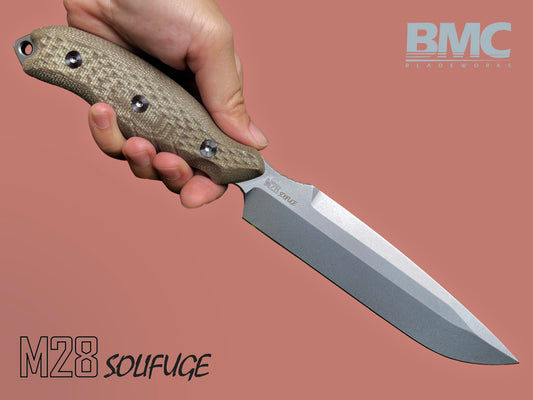 Hand holding a knife with 'BMC' branding on a brown background