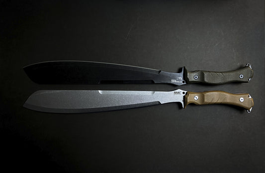 Two BMC Goloks with micarta handles on a dark background