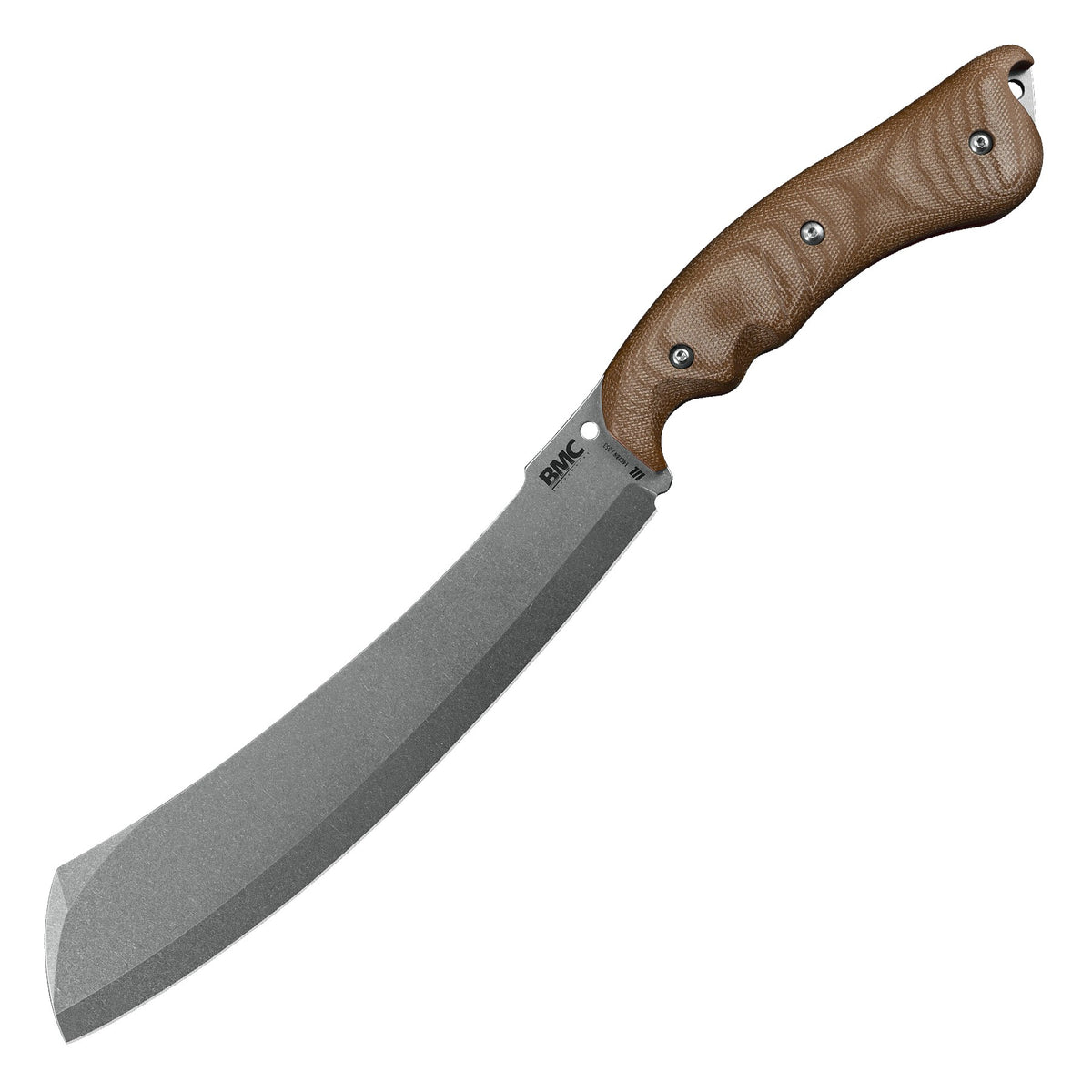 A fixed-blade knife with a curved gray steel blade and a brown textured handle secured by three silver bolts, shown on a plain white background.