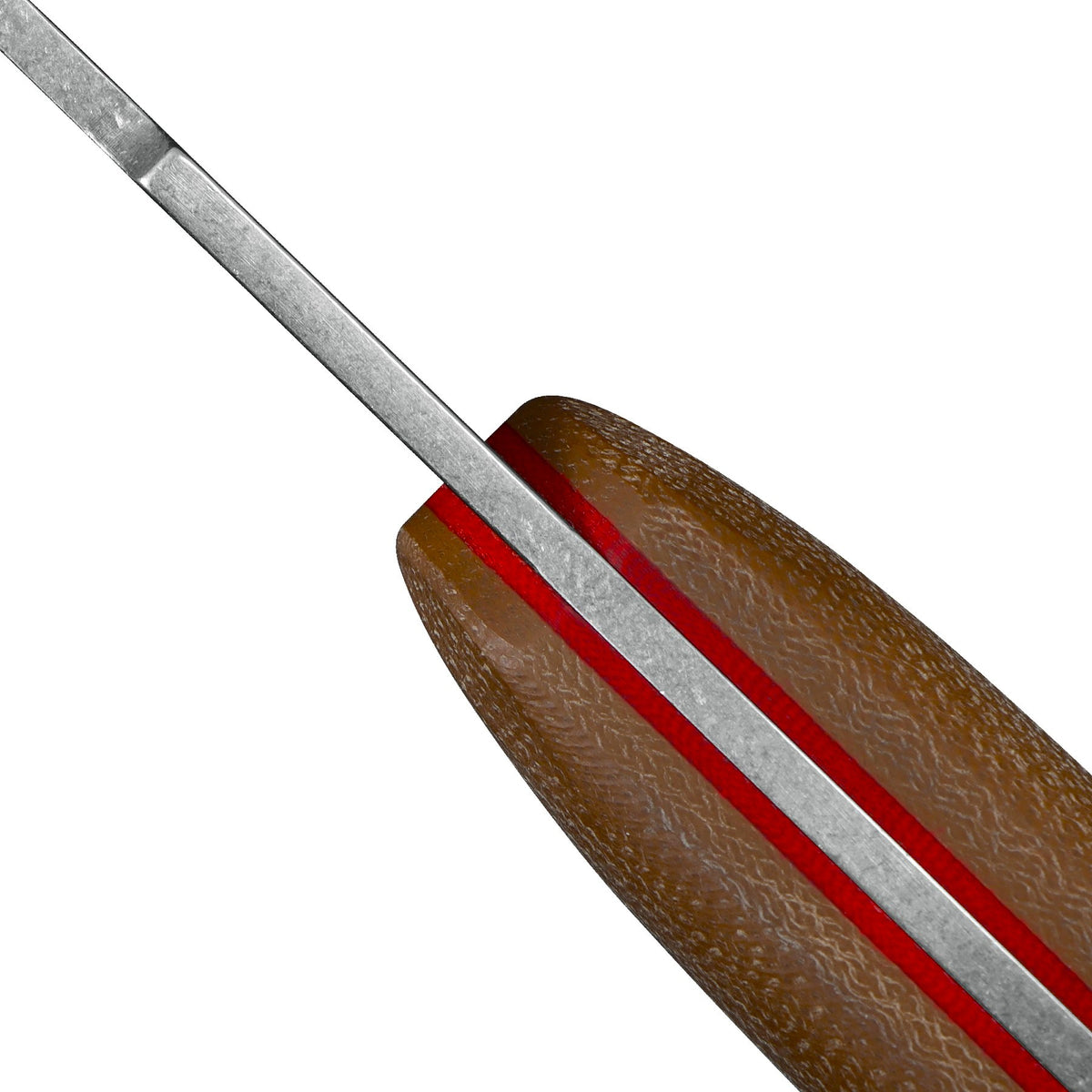 Close-up of a knife with a textured brown micarta handle and a silver metal blade, featuring a bold red stripe running through the handle, set against a solid white background.